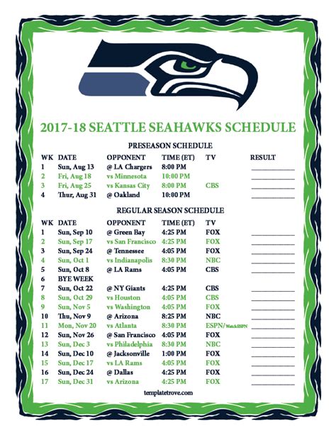 Seattle Seahawks Schedule 2017 Printable